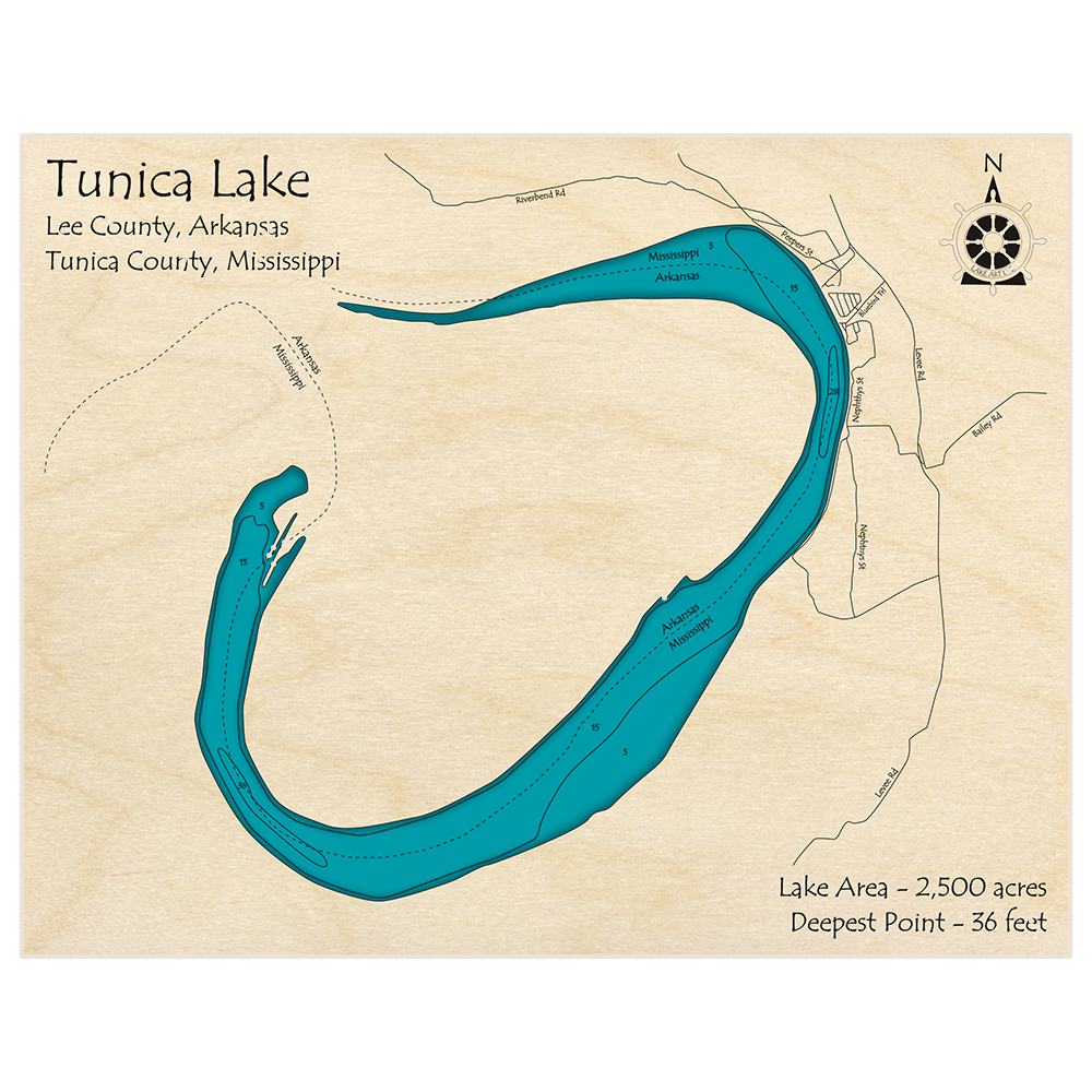 Bathymetric topo map of Tunica Lake with roads, towns and depths noted in blue water