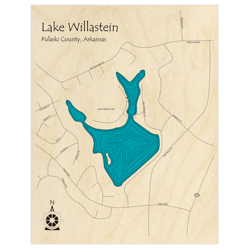 Bathymetric topo map of Lake Willastein  with roads, towns and depths noted in blue water