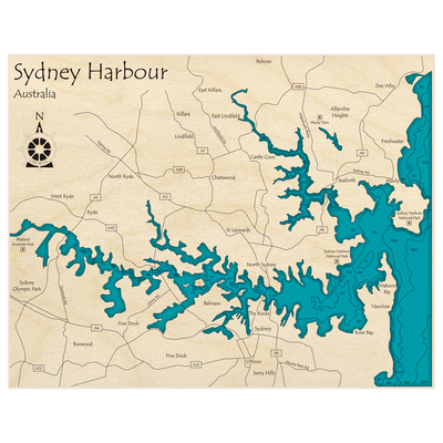 Bathymetric topo map of Sydney Harbor (Olympic Park to Watsons Bay) with roads, towns and depths noted in blue water