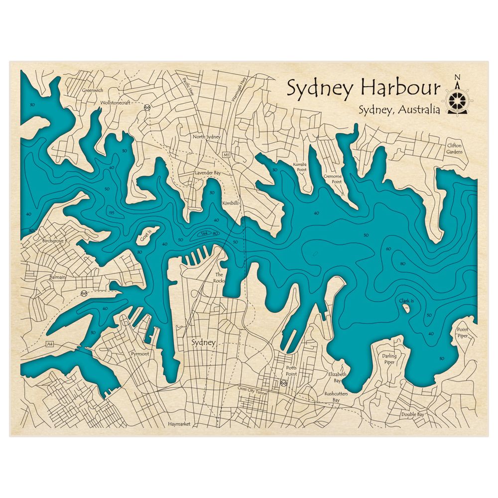 Bathymetric topo map of Sydney Harbor (Greenwich to Point Piper) with roads, towns and depths noted in blue water