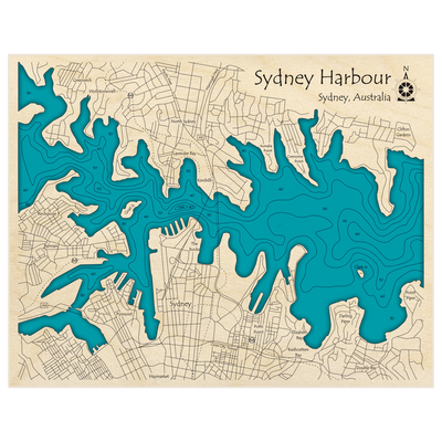 Bathymetric topo map of Sydney Harbor (Greenwich to Point Piper) with roads, towns and depths noted in blue water