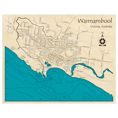 Bathymetric topo map of Warrnambool with roads, towns and depths noted in blue water