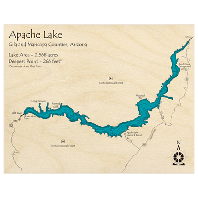 Bathymetric topo map of Apache Lake with roads, towns and depths noted in blue water