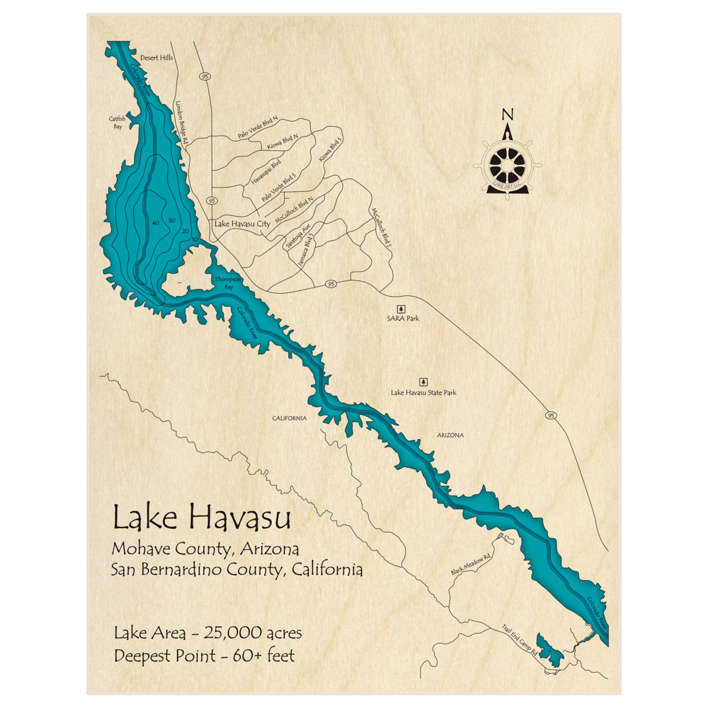 Bathymetric topo map of Lake Havasu with roads, towns and depths noted in blue water