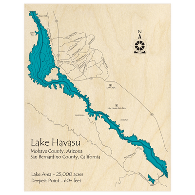 Bathymetric topo map of Lake Havasu with roads, towns and depths noted in blue water