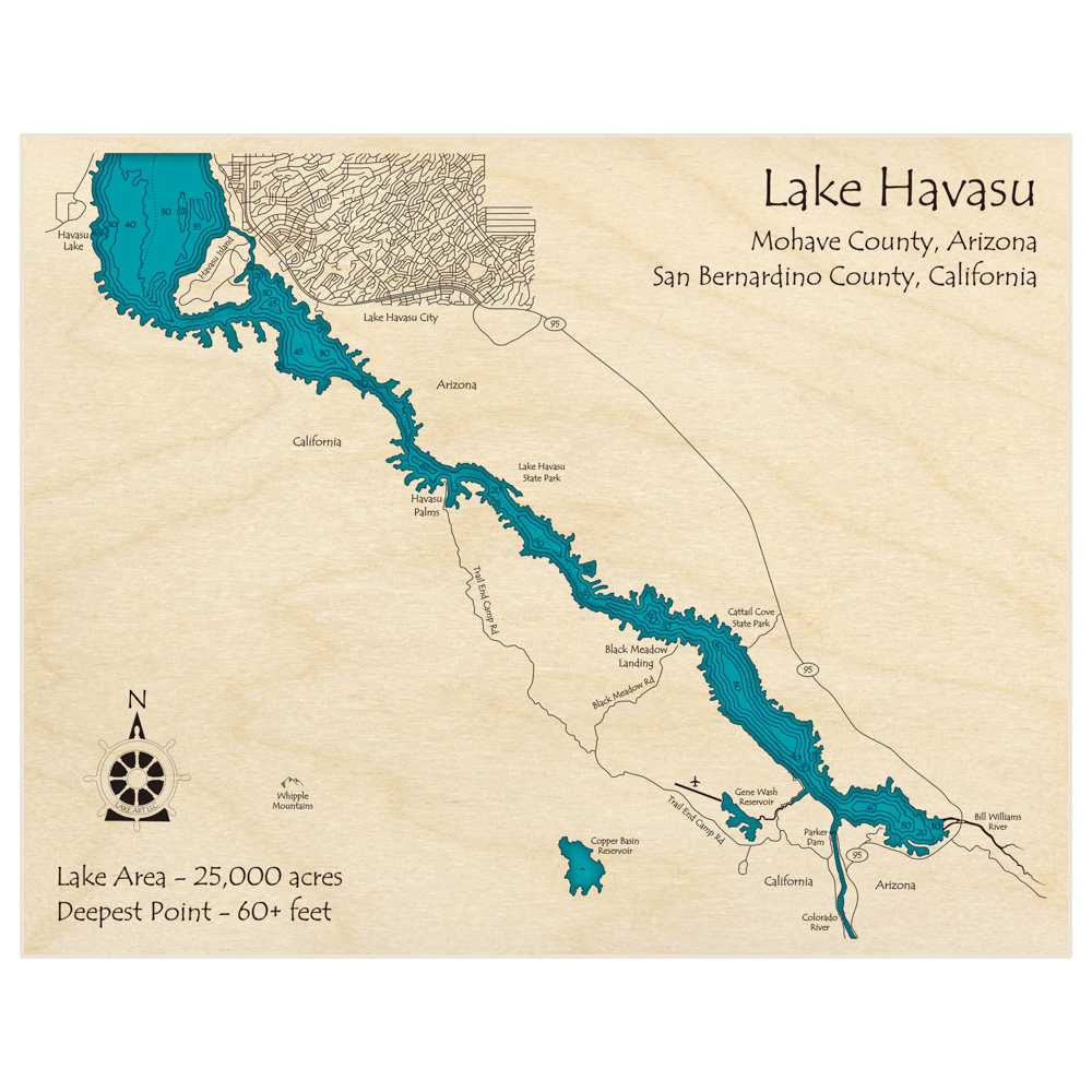 Bathymetric topo map of Lake Havasu (Southern Section Parker Dam to Havasu Island) with roads, towns and depths noted in blue water