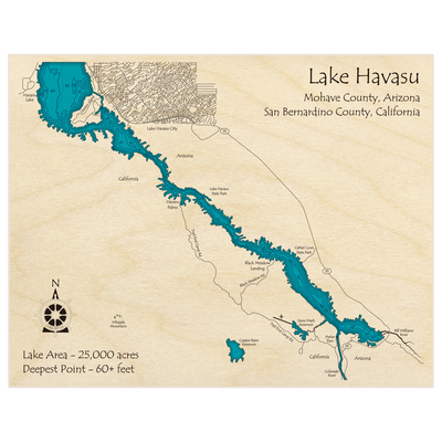 Bathymetric topo map of Lake Havasu (Southern Section Parker Dam to Havasu Island) with roads, towns and depths noted in blue water