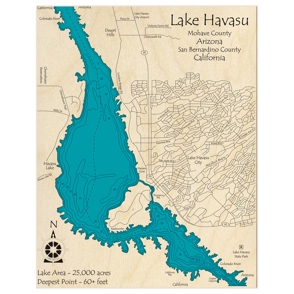 Bathymetric topo map of Lake Havasu (Zoomed In)(Portrait) with roads, towns and depths noted in blue water