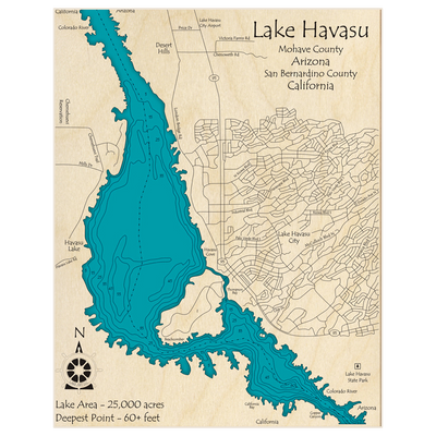 Bathymetric topo map of Lake Havasu (Zoomed In)(Portrait) with roads, towns and depths noted in blue water