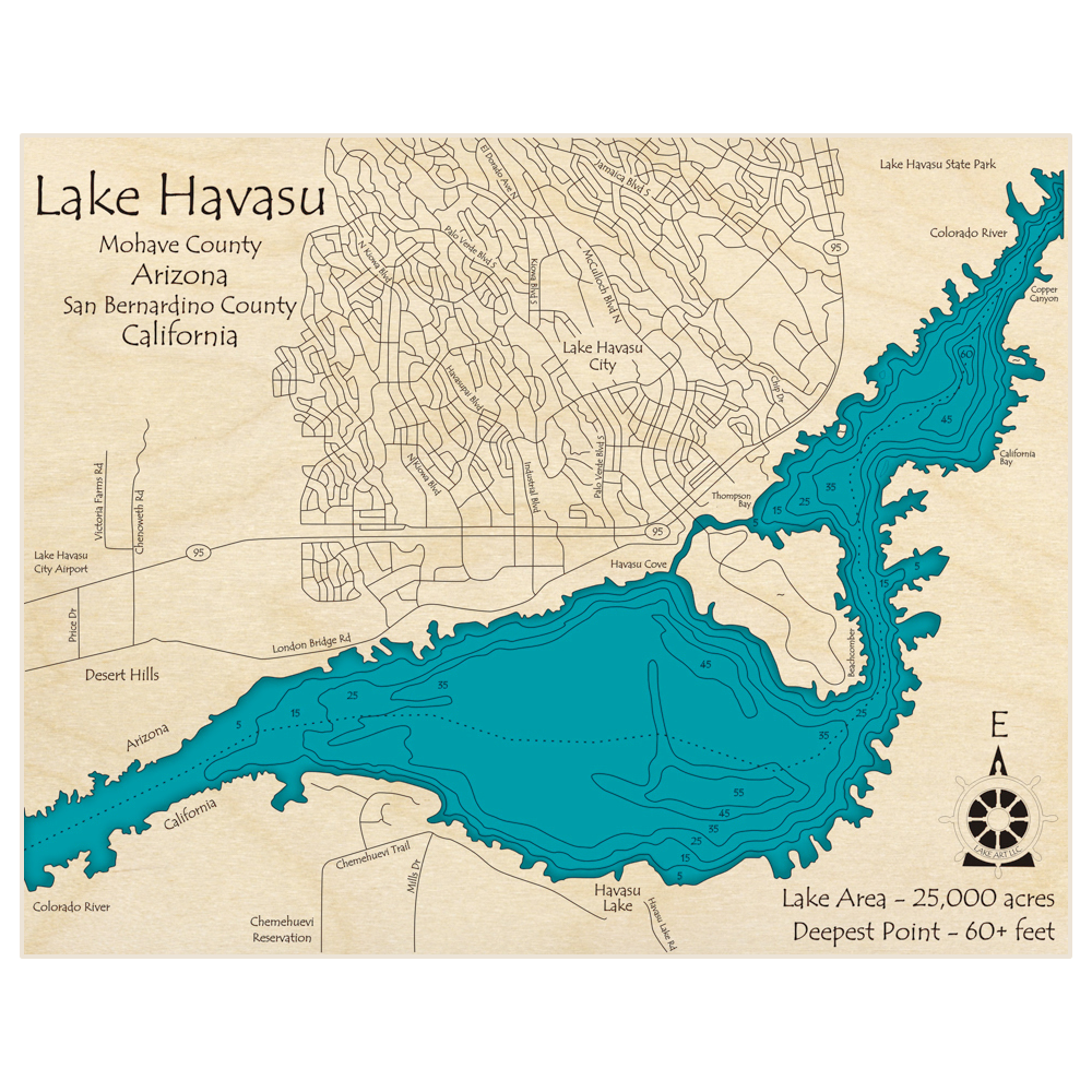 Bathymetric topo map of Lake Havasu (Zoomed In)(Landscape) with roads, towns and depths noted in blue water