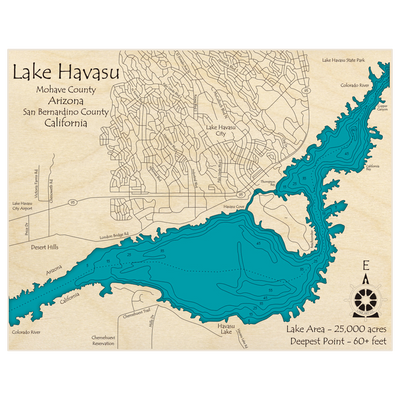 Bathymetric topo map of Lake Havasu (Zoomed In)(Landscape) with roads, towns and depths noted in blue water