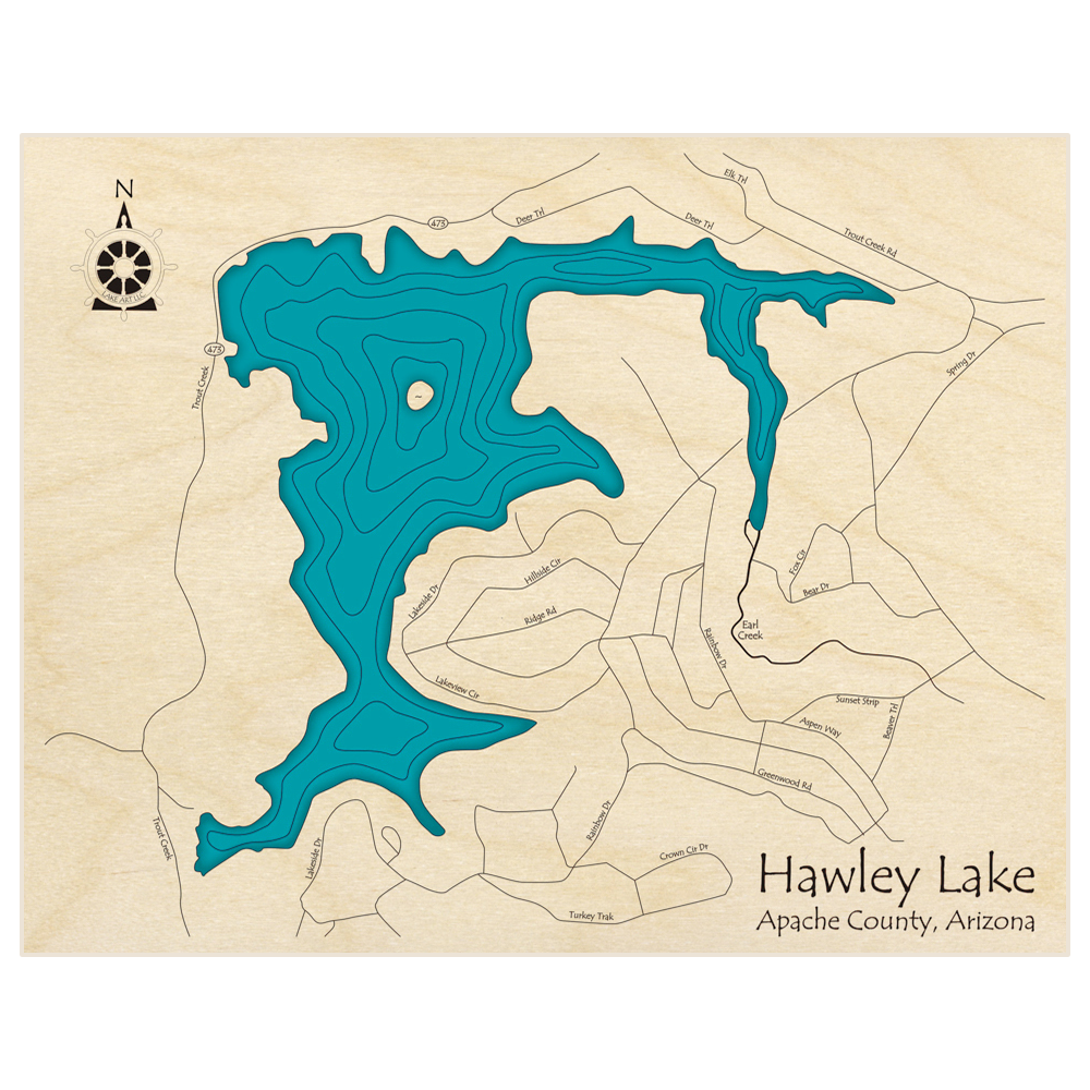 Bathymetric topo map of Hawley Lake with roads, towns and depths noted in blue water