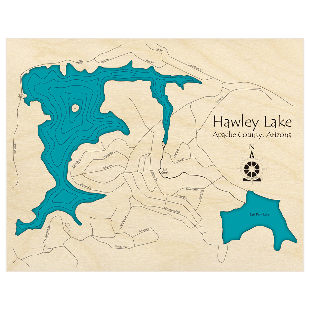 Bathymetric topo map of Hawley Lake (with Earl Park Lake) with roads, towns and depths noted in blue water
