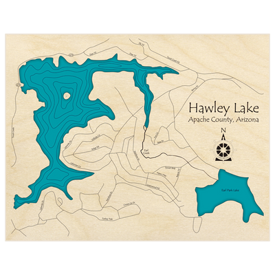 Bathymetric topo map of Hawley Lake (with Earl Park Lake) with roads, towns and depths noted in blue water