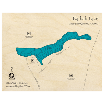 Bathymetric topo map of Kaibab Lake  with roads, towns and depths noted in blue water