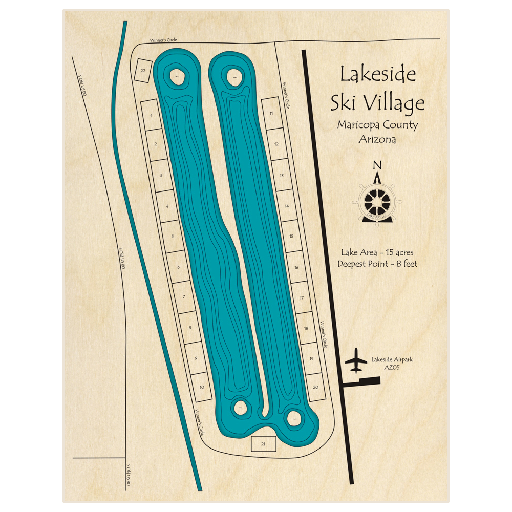 Bathymetric topo map of Lakeside Ski Village  with roads, towns and depths noted in blue water