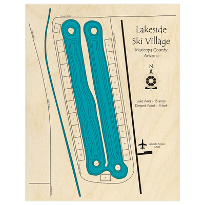 Bathymetric topo map of Lakeside Ski Village  with roads, towns and depths noted in blue water