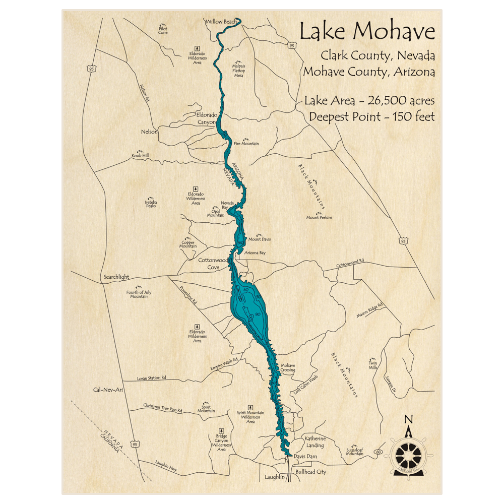 Bathymetric topo map of Lake Mohave with roads, towns and depths noted in blue water