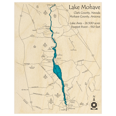 Bathymetric topo map of Lake Mohave with roads, towns and depths noted in blue water