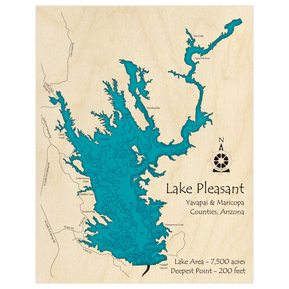 Bathymetric topo map of Lake Pleasant with roads, towns and depths noted in blue water
