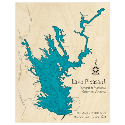 Bathymetric topo map of Lake Pleasant with roads, towns and depths noted in blue water