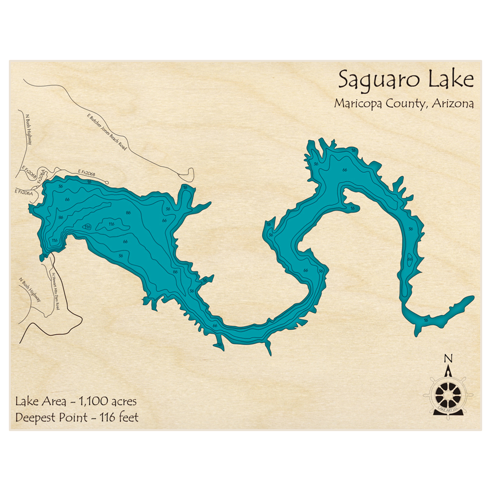 Bathymetric topo map of Saguaro Lake with roads, towns and depths noted in blue water