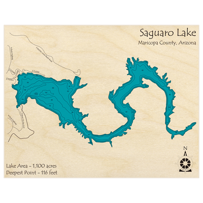 Bathymetric topo map of Saguaro Lake with roads, towns and depths noted in blue water