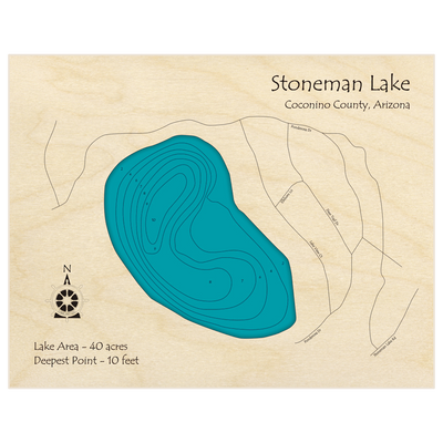Bathymetric topo map of Stoneman Lake with roads, towns and depths noted in blue water