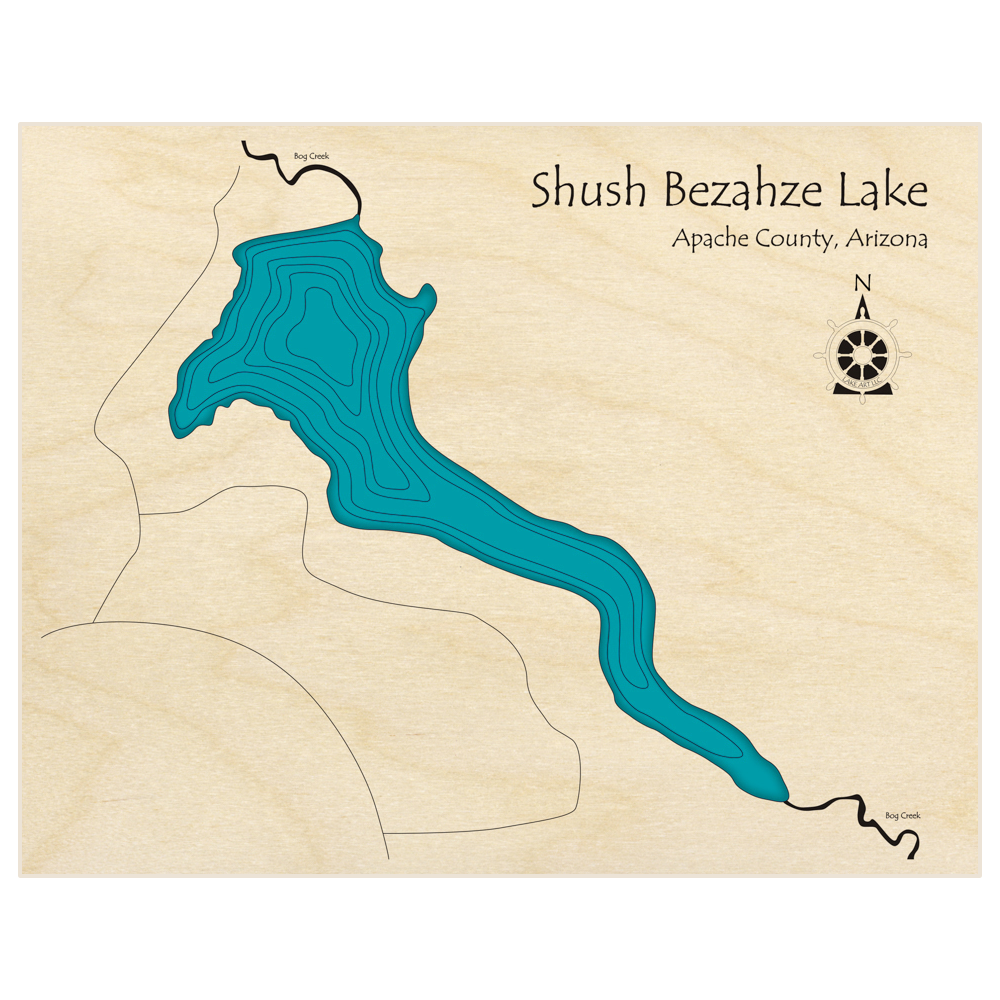 Bathymetric topo map of Shush Bezahze Lake  with roads, towns and depths noted in blue water