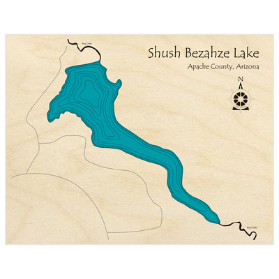 Bathymetric topo map of Shush Bezahze Lake  with roads, towns and depths noted in blue water
