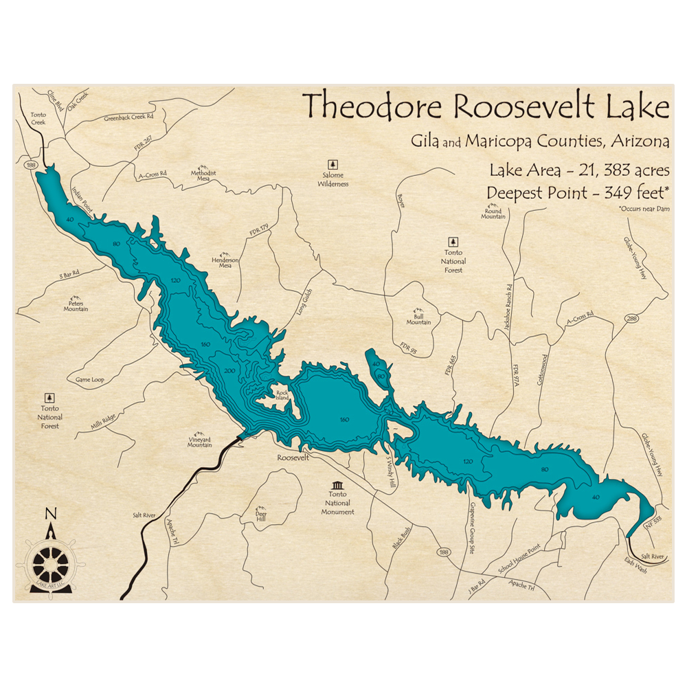 Bathymetric topo map of Theodore Roosevelt Lake with roads, towns and depths noted in blue water