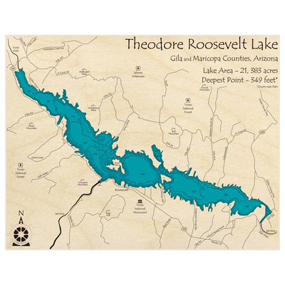 Bathymetric topo map of Theodore Roosevelt Lake with roads, towns and depths noted in blue water