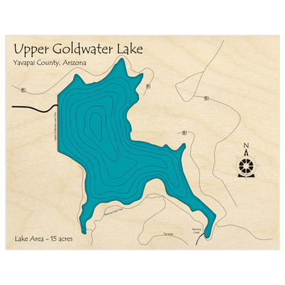 Bathymetric topo map of Upper Goldwater Lake  with roads, towns and depths noted in blue water