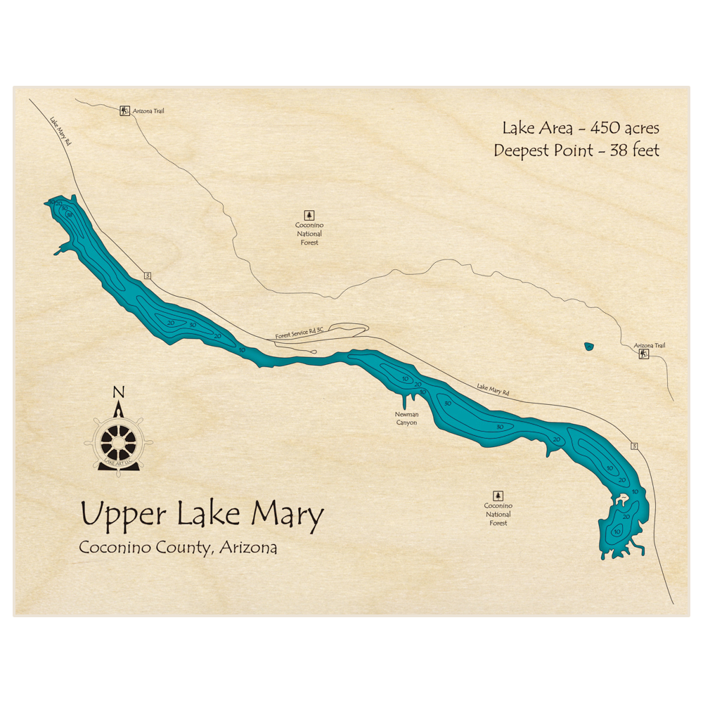 Bathymetric topo map of Upper Lake Mary with roads, towns and depths noted in blue water