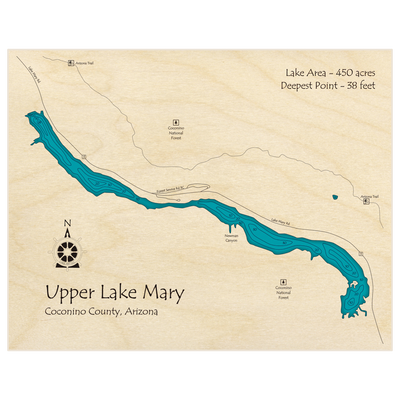 Bathymetric topo map of Upper Lake Mary with roads, towns and depths noted in blue water