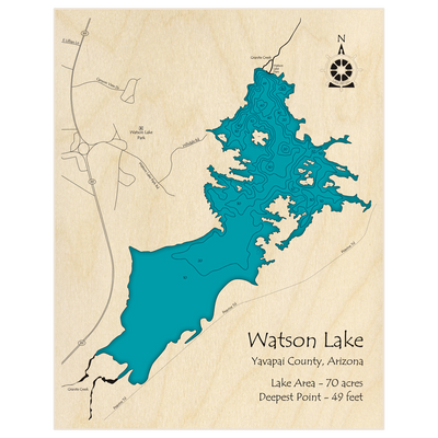 Bathymetric topo map of Watson Lake with roads, towns and depths noted in blue water