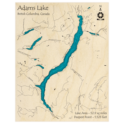 Bathymetric topo map of Adams Lake with roads, towns and depths noted in blue water