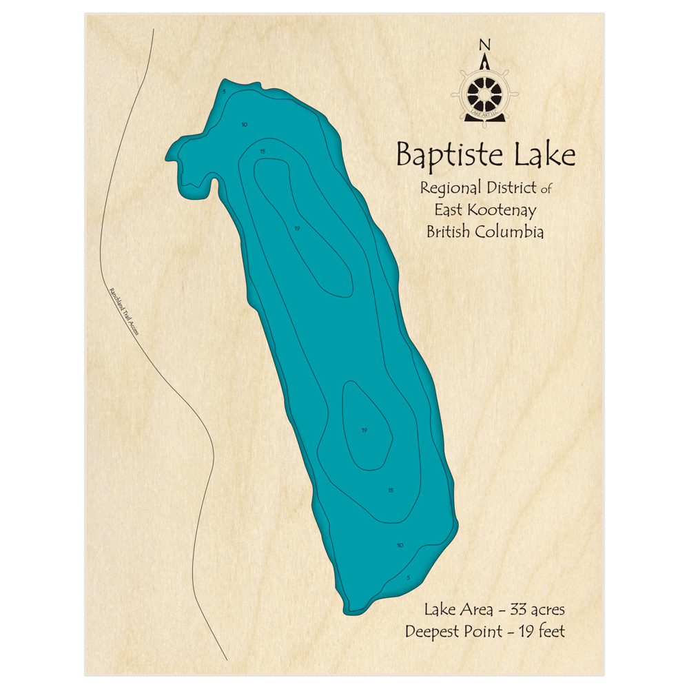 Bathymetric topo map of Baptiste Lake with roads, towns and depths noted in blue water