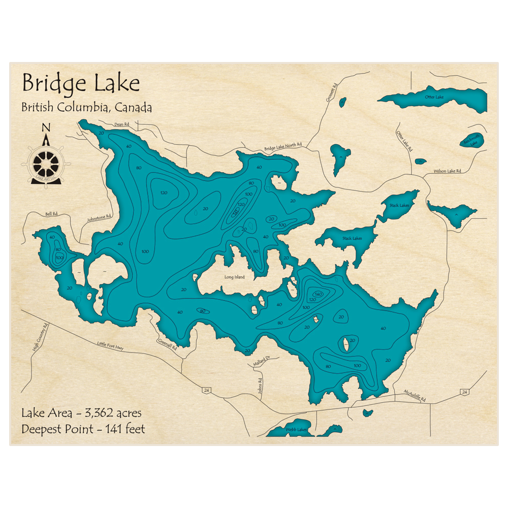 Bathymetric topo map of Bridge Lake with roads, towns and depths noted in blue water