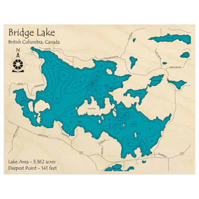 Bathymetric topo map of Bridge Lake with roads, towns and depths noted in blue water