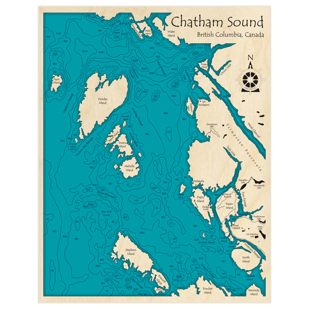 Bathymetric topo map of Chatham Sound (IN FEET) with roads, towns and depths noted in blue water