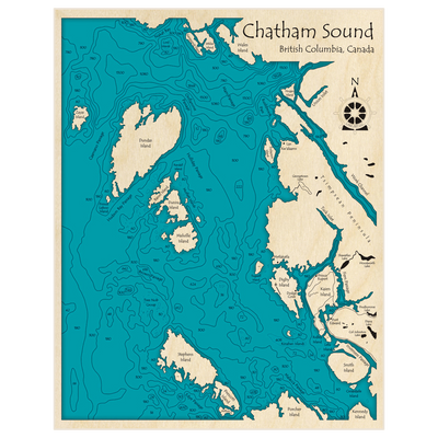 Bathymetric topo map of Chatham Sound (IN FEET) with roads, towns and depths noted in blue water