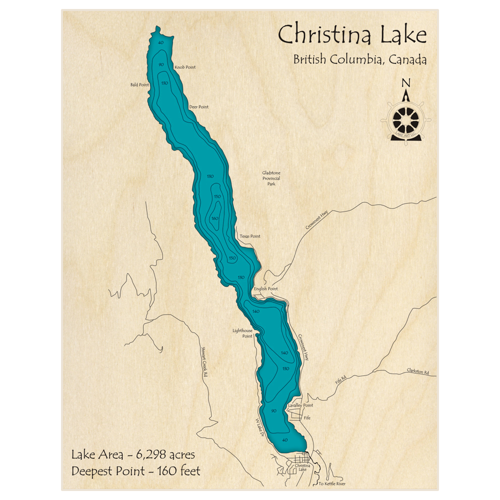 Bathymetric topo map of Christina Lake with roads, towns and depths noted in blue water