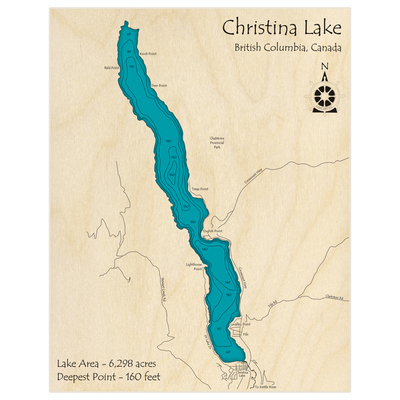 Bathymetric topo map of Christina Lake with roads, towns and depths noted in blue water