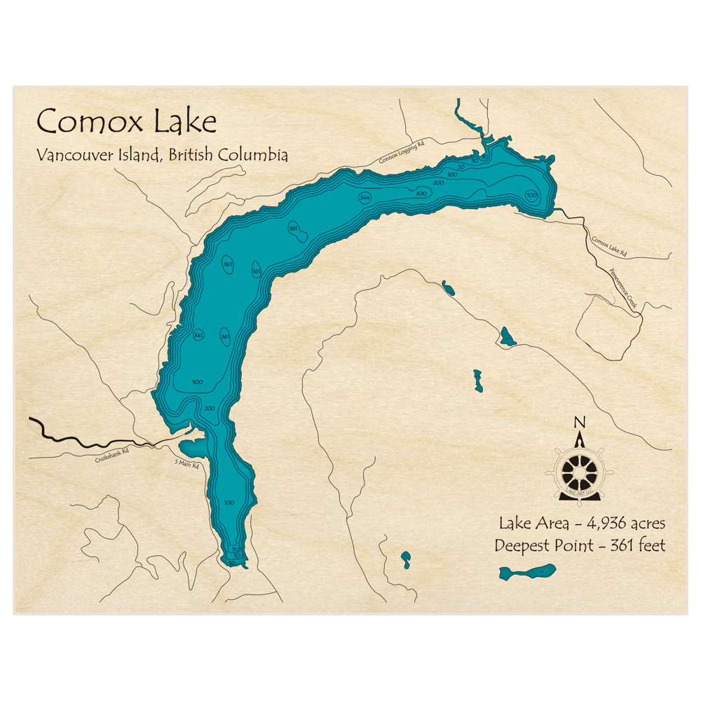 Bathymetric topo map of Comox Lake with roads, towns and depths noted in blue water