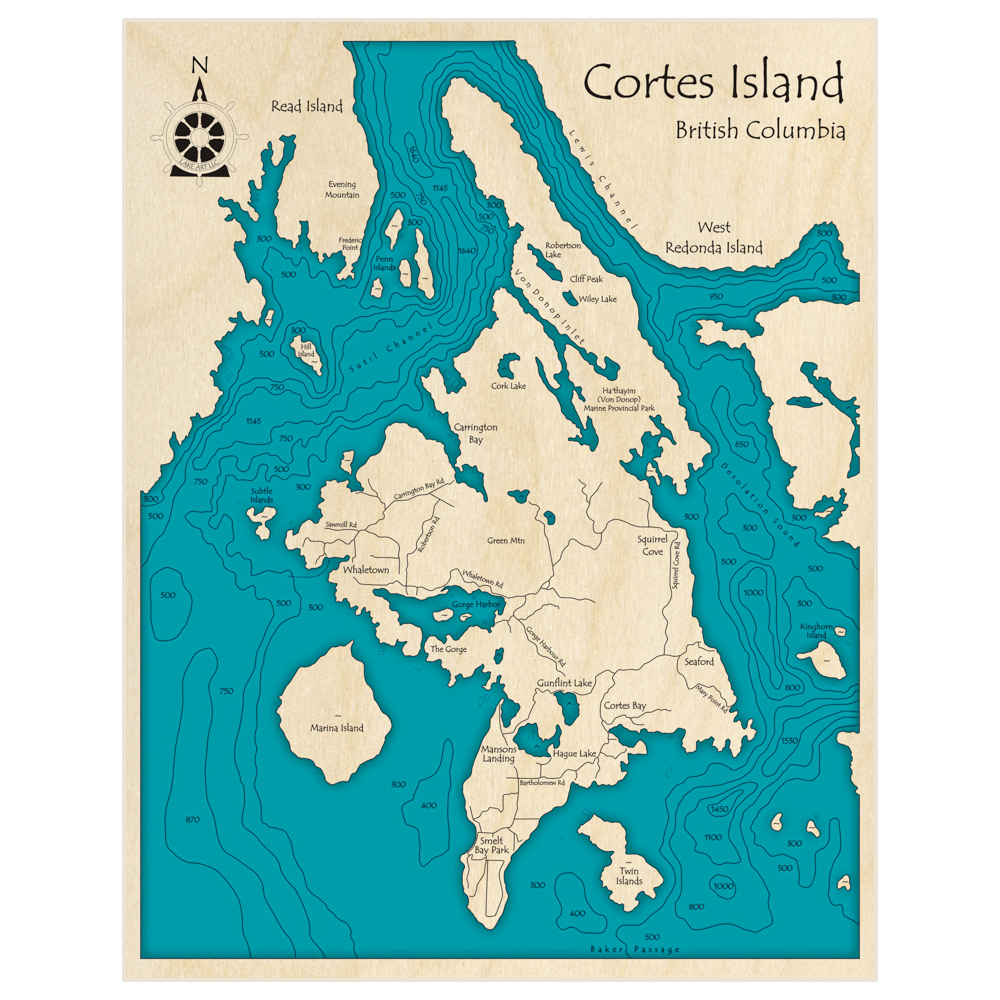 Bathymetric topo map of Cortes Island with roads, towns and depths noted in blue water
