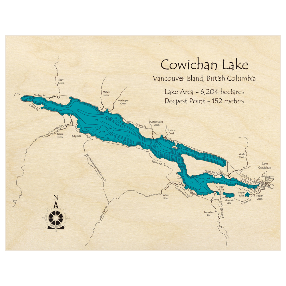 Bathymetric topo map of Cowichan Lake (in Meters) with roads, towns and depths noted in blue water