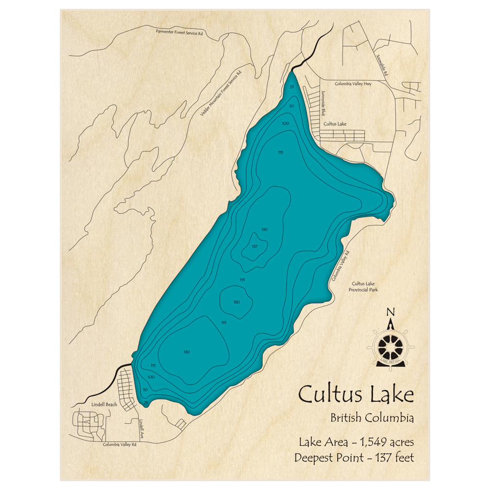 Bathymetric topo map of Cultus Lake with roads, towns and depths noted in blue water
