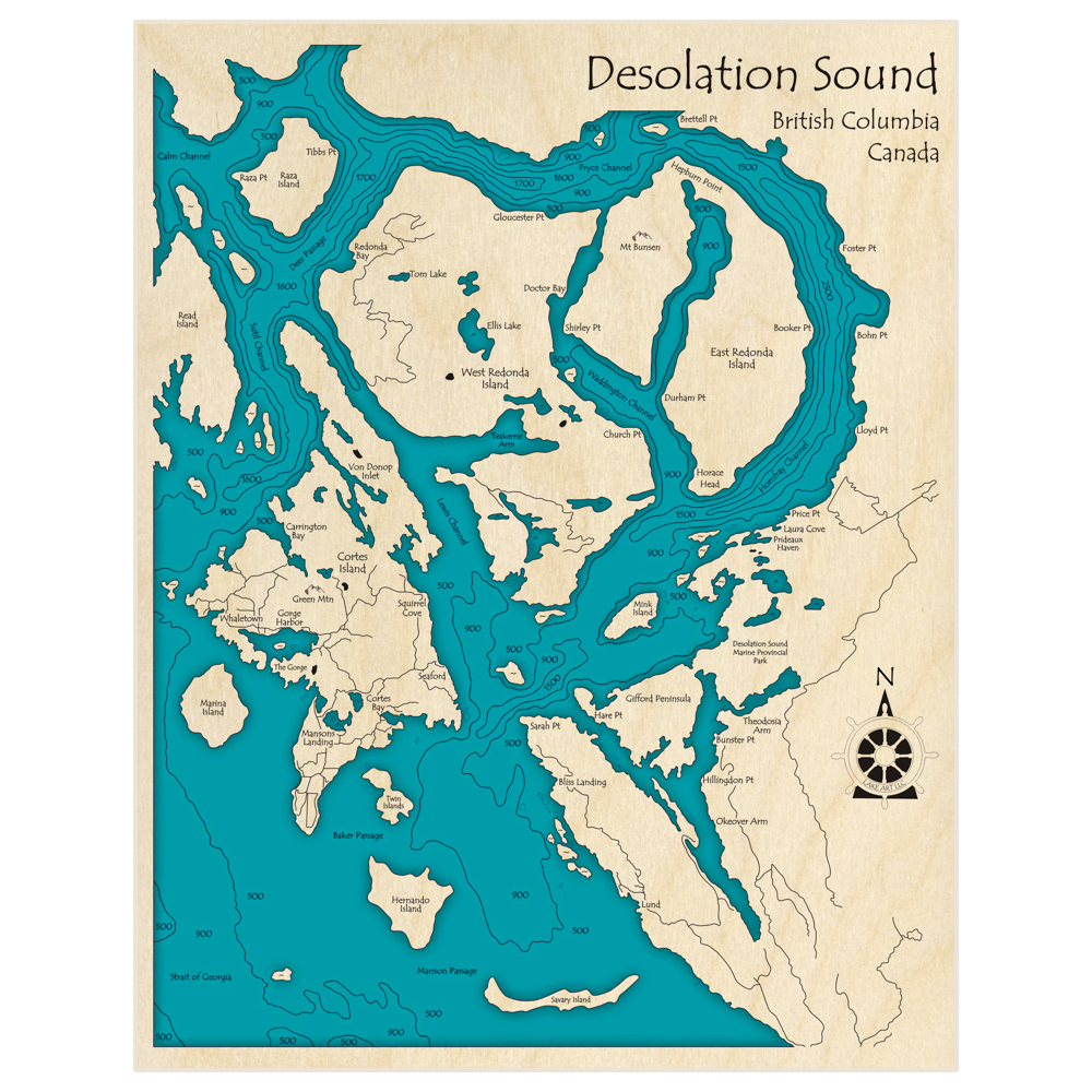 Bathymetric topo map of Desolation Sound with roads, towns and depths noted in blue water