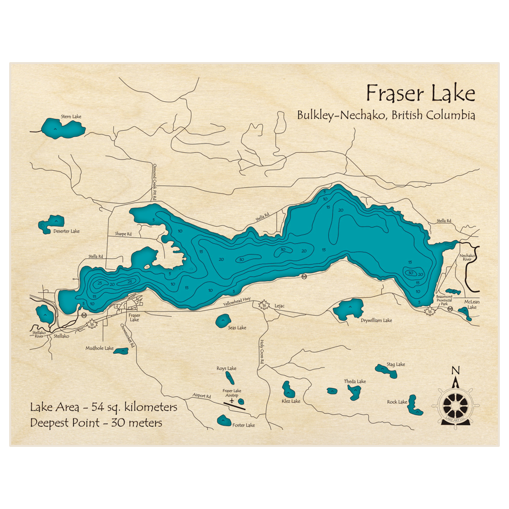 Bathymetric topo map of Fraser Lake with roads, towns and depths noted in blue water